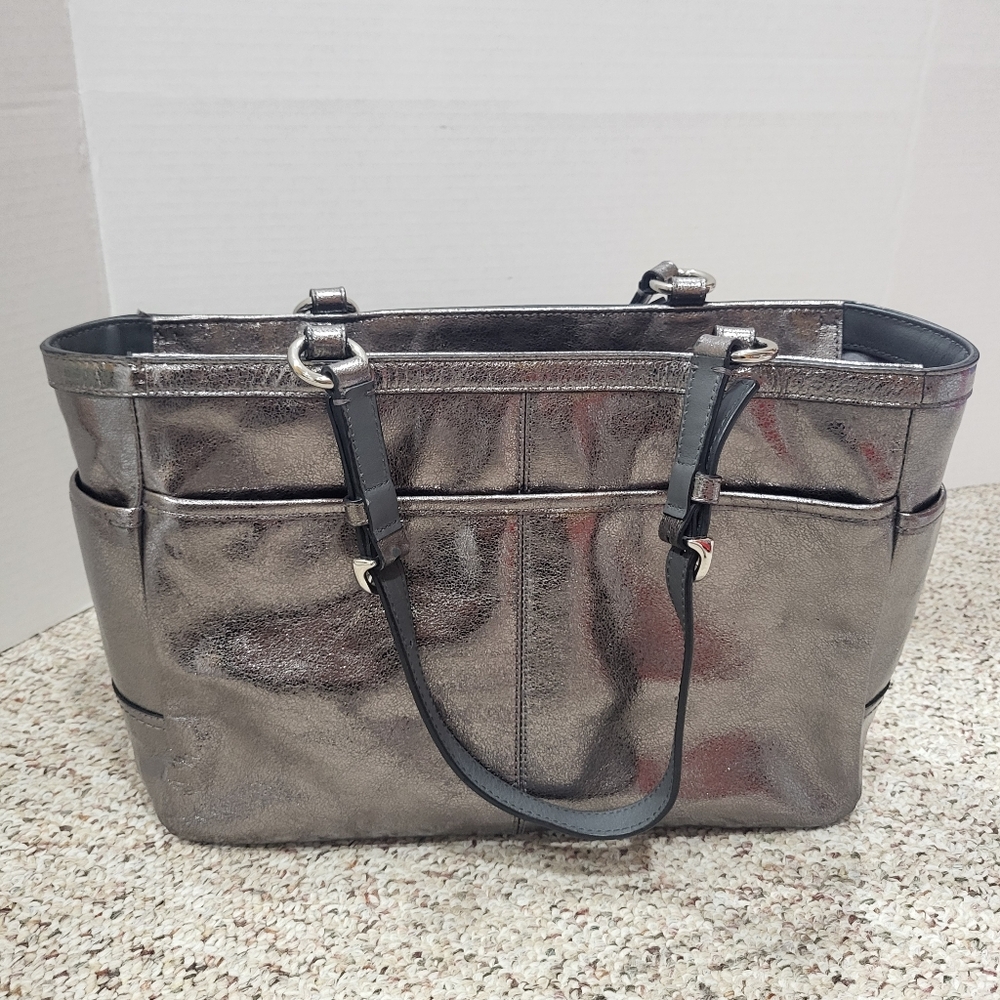 Coach Metallic Silver Gray Leather Handbag Zipper Tote Shoulder Bag - Picture 2 of 14